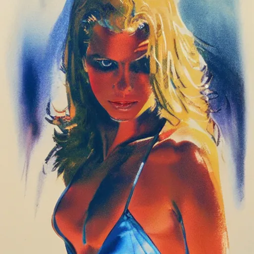 Prompt: photorealistic picture, by bob peak and alex ross, 9 0 s calendar girl, gouache and wash paints, fine details, fine intricate, fine facial proportionate, fine body proportionate, smooth sharp focus, sharp focus