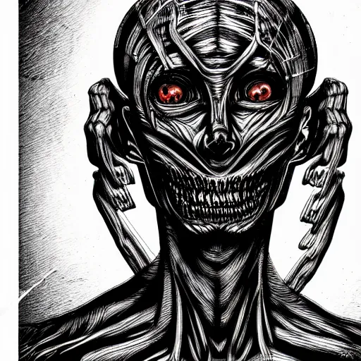 Image similar to a dark humanoid, hyper detailed, in the style of h. r. giger and junji ito and h. r. giger and junji ito, selfie