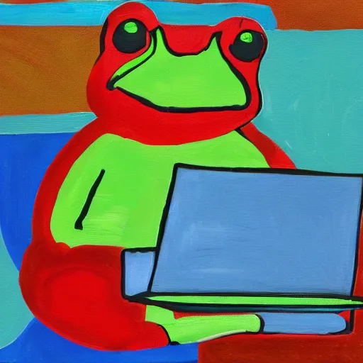 Prompt: abstract art of a frog sitting behind a computer