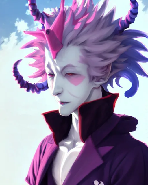 Image similar to extremely attractive soft feminine male as a jester anime character screenshot, nagito komaeda and hisoka jester, anime feminine male fool, intricate, sharp focus, illustration, highly detailed, digital painting, cell shaded, concept art, matte, art by ilya kuvshinov and kyoto animation and wlop, ruan jia, greg rutkowski, studio quality