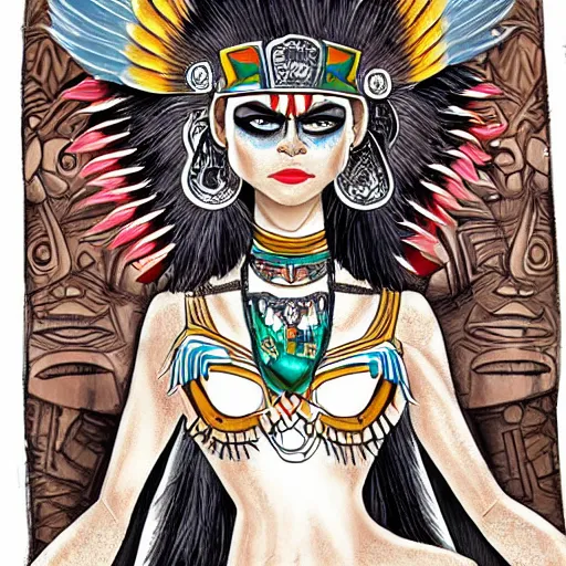 Image similar to character design, aztec warrior goddess with beautiful woman face, crown of very long feathers, full body, glowing aztec tattoos, beautiful, dark fantasy