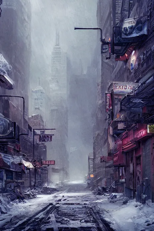 Image similar to Street in post apocalyptic Manhattan new york after a Blizzard, snow Storm, dramatic lighting, cinematic, establishing shot, extremly high detail, photo realistic, cinematic lighting, post processed, concept art, artstation, matte painting, style by eddie mendoza, raphael lacoste, alex ross