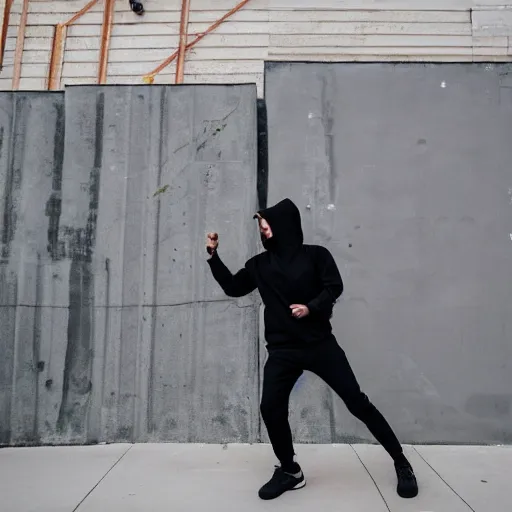 Prompt: photo of a dabbing man, in black hoodie and black pants, broad daylight in front of construction site barier wall