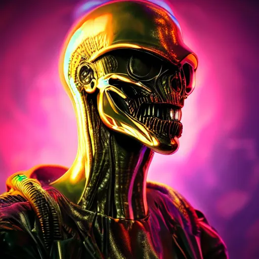 Prompt: cyberpunk alien portrait, hyper realistic shiny textures 8 k, alien vs predator skull, vaporwave miami, elongated head, intricate details, fluorescent glow, science fiction space horror, unreal engine, dark, heavy shading, depth of field