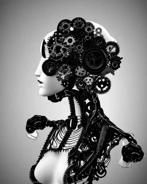 Image similar to black and white dreamy foggy profile face portrait, one steampunk eye biomechanical beautiful young female cyclope - cyborg - robot bust, body ribs meshes,, volumetric light, hibiscus flowers, by hg giger, rim light, by dora maar and cecile beaton, big gothic fashion pearl embroidered collar, 8 k