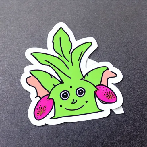 Prompt: cute colourful mandrake plant with face, white tracing, sticker,