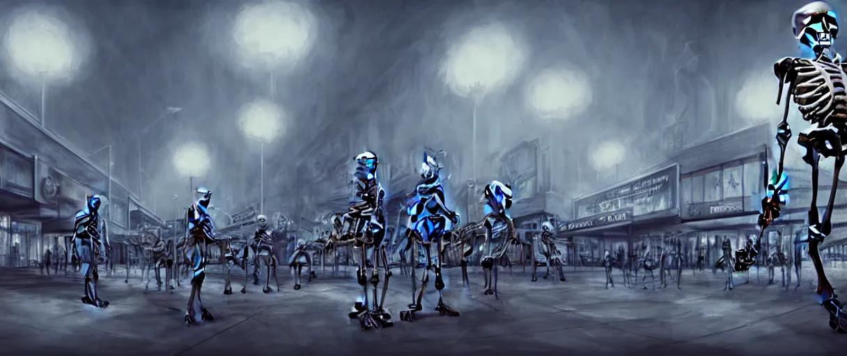 Image similar to hyperrealistic skeleton army mall in background ute osterwald jason limon concept art dramatic blue lighting wide angle hd 8k sharp shallow depth of field