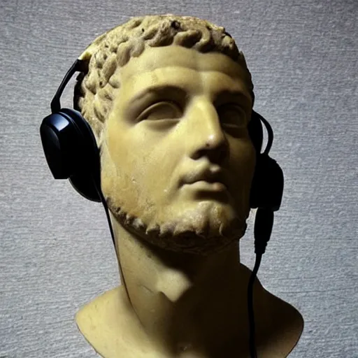 Prompt: a roman bust wearing headphones, vaporwave!!!!!!!!!!!