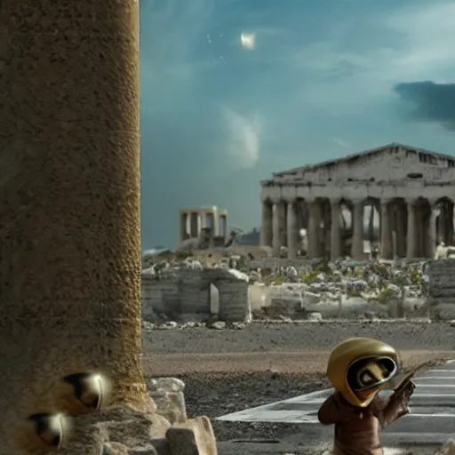 Image similar to Still from movie about an Tiny Donald Trumps invasion Ancient Athens, UFOs, portrait, intricate, 8k highly professionally detailed, HDR, CGsociety