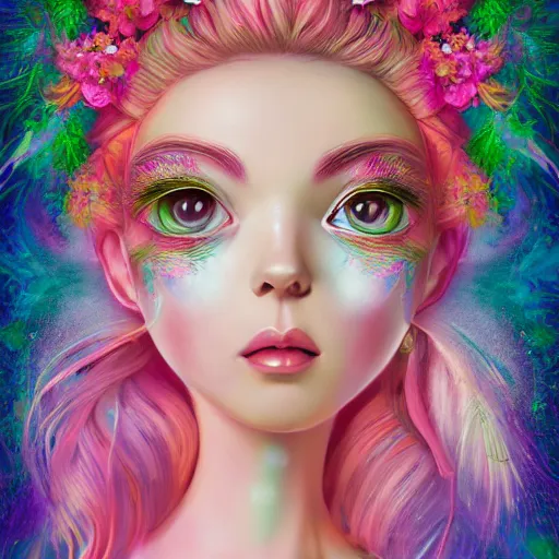 Prompt: a divine feminine goddess, pink hair, rosey cheeks, sparkles on eyelids, surrounded by lush flowers and feathers in bright abstract colours, manga ultra realistic digital painting, artstation, concept art, pop, smooth, sharp focus, illustration, art by mark ryden and lisa frank 3 d 8 k ultra detailed