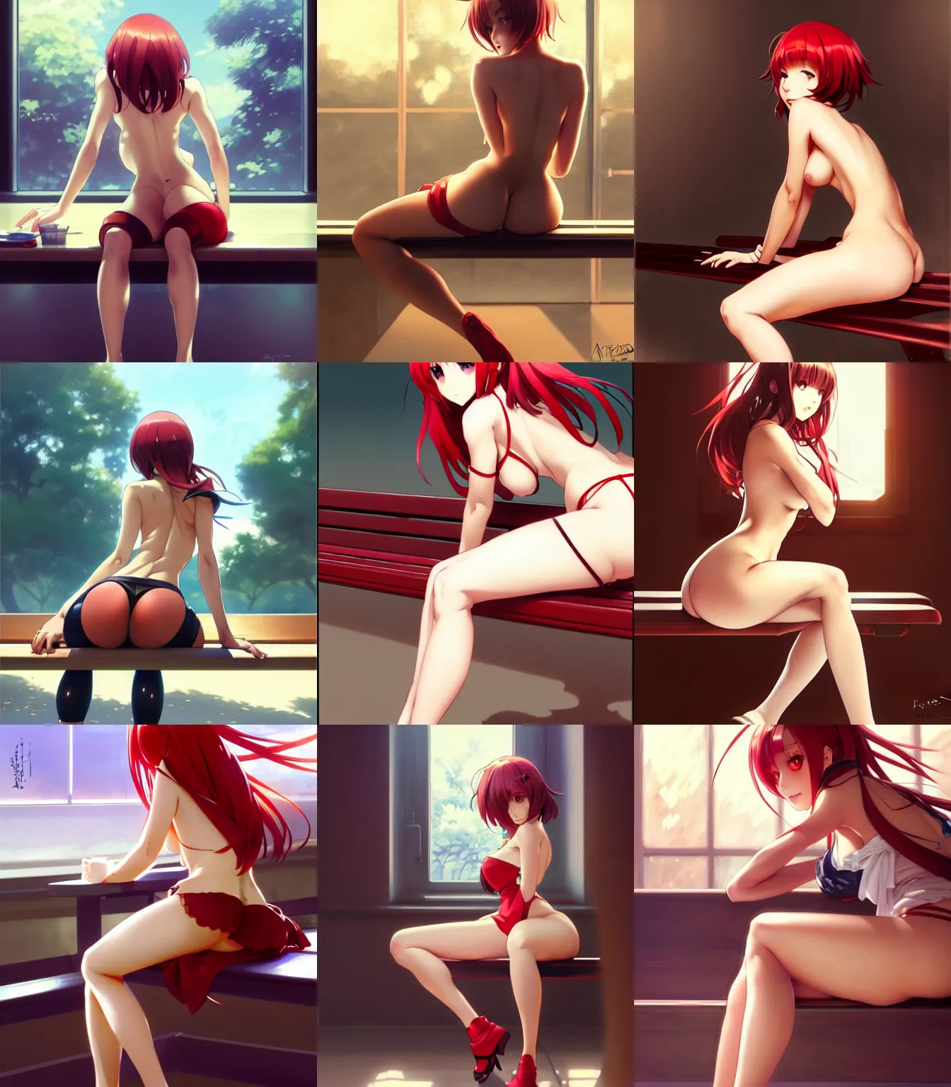 Prompt: hot anime girl sitting at the bench, view from behind, thighs focus, hourglass slim figure, juicy legs, red hair and attractive features, seductive smile, highly detailed, digital painting, artstation, kyoani, concept art, sharp focus, illustration, art by artgerm and greg rutkowski and alphonse mucha