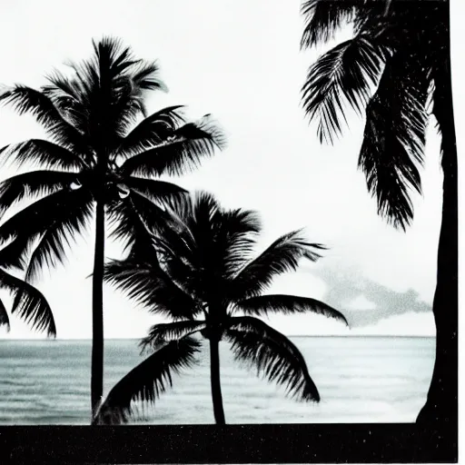 Image similar to miracle musical Hawaii part ii album cover, showing an ocean in the background, spiral transparent stairs on the left with tall palm trees behind it, a slight rainbow in the background, white outline border, moon in the right top area black and white except for the rainbow album cover