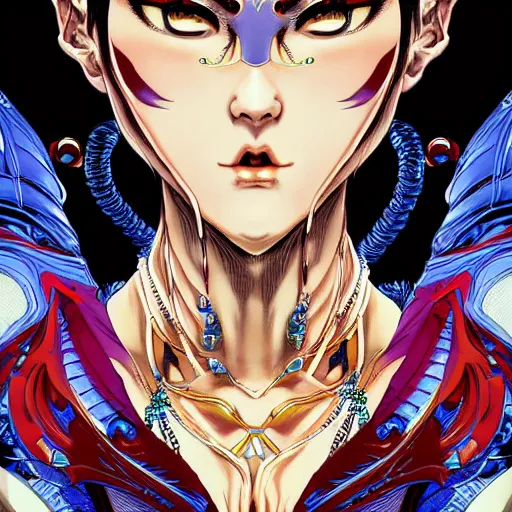 Image similar to portrait closeup of crazy chun li, symmetrical, by yoichi hatakenaka, masamune shirow, josan gonzales and dan mumford, ayami kojima, takato yamamoto, barclay shaw, karol bak, yukito kishiro