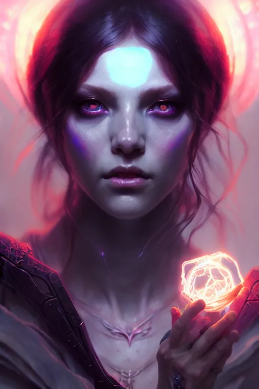 Image similar to beautiful necromancer girl, sorceress, three - dimensional rendering, hyperrealistic detailed portrait holding light and electricity, ruan jia, clap. scifi, fantasy, magic the gathering, over - detailed, octane rendering, concept art by artgerm, peter murbacher, detailed and complex environment