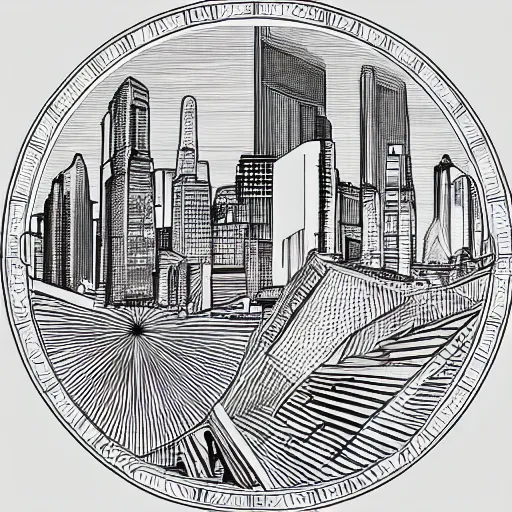 Image similar to a perfect circle where the inside is empty blank space and around the outer edge of the circle is the silhouette of a city skyline, black and white, minimalist, in the style of a line drawing