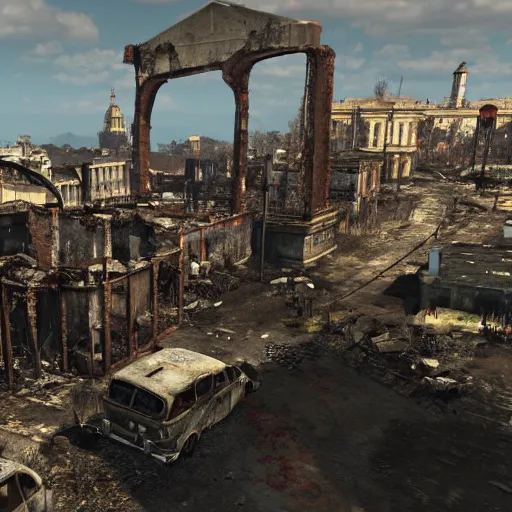 Image similar to Rome in ruins post-nuclear war in Fallout 4, in game screenshot