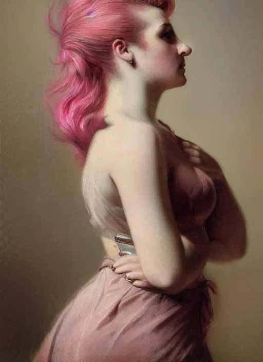 Image similar to a detailed portrait of woman with a mohawk by edouard bisson, year 1 8 5 0, pink hair, punk rock, looking at the camera, oil painting, muted colours, soft lighting