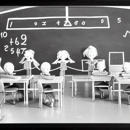 Prompt: A classroom of teenage unicorns being taught algebra with a blackboard in the background, hyper realistic claymation, 35mm photo