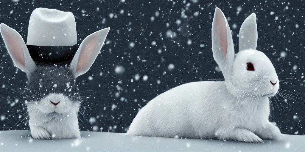 Image similar to white rabbit wearing a fedora chilling in the snow, digital art, realistic, 4K