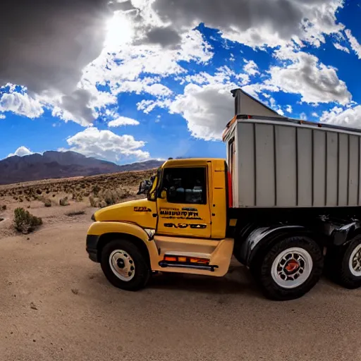 Prompt: a euro truck simulator getting winched by a 4 x 4, in the nevada desert, hyper realistic professional photograph, 4 0 mm, fisheye, epic lighting, giant clouds in the background