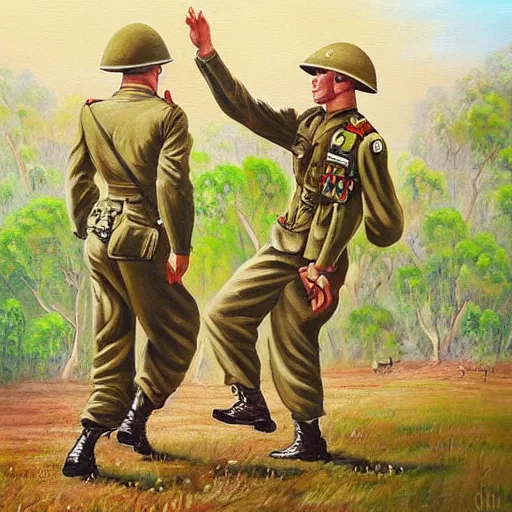 Prompt: a beautiful complex painting of an australian soldier dancing in ww 2