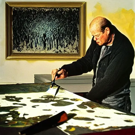 Prompt: jackson pollock at work in his studio, intricate, elegant, digital painting, concept art, sharp focus, rays of light, by rene magritte