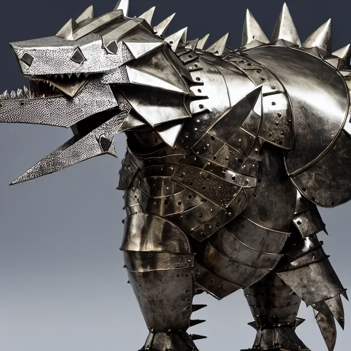 Image similar to photo of a warrior with metal stegosaurus themed armour and helmet, highly detailed, 4 k, hdr, smooth, sharp focus, high resolution, award - winning photo