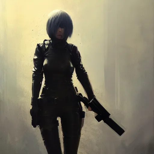 Prompt: painting of yorha no. 2 type a wearing skintight leather jacket holding a gun, by jeremy mann, fantasy art, dynamic lighting, artstation, poster, volumetric lighting, 4 k, award winning