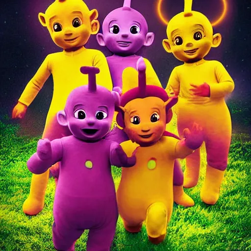 Image similar to the teletubbies performing a sacrifice ritual to their sun god, horror, scary, unsettling, creepy, digital art, high quality, high resolution