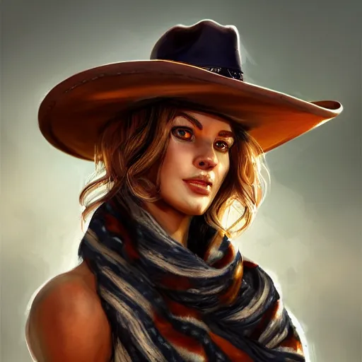 Prompt: a portrait of a female tiger with a cowboy hat on with an American flag scarf, D&D, sci-fi, elegant, hopeful, muscular, highly detailed, digital painting, artstation, concept art, smooth, sharp focus, illustration