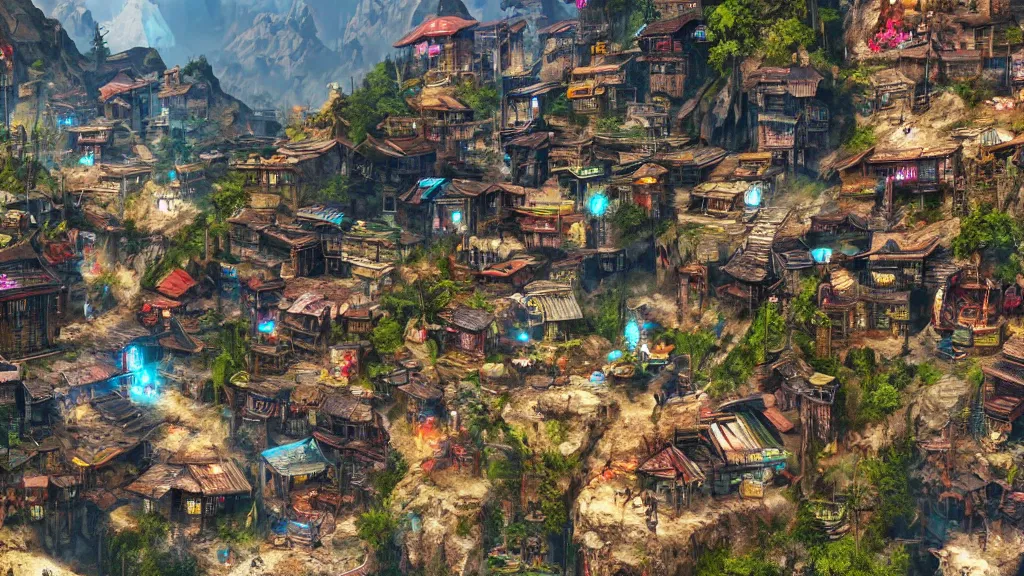 Image similar to small oriental mountainside village in cyberpunk style, fantastical epic, hyperrealistic, highly detailed, 4 k hd
