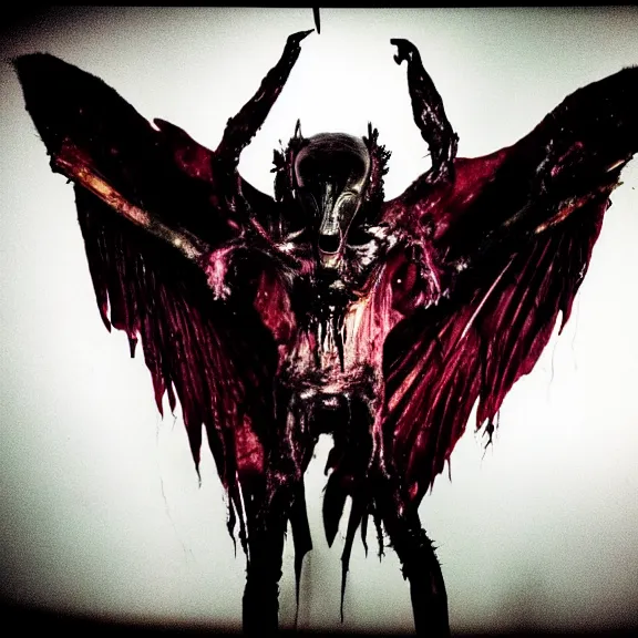 Image similar to a dark artistic photo of an alien creature with crazy wings, big budget horror, a polaroid photo, bleeding decaying colors!