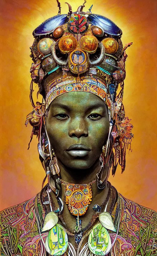 Prompt: upper half portrait of retro futuristic african tribal chief - embellished with vegetation and iridescent crystals, art by cheng, hsiao - ron & alphonso mucha, colouring by zdzisaw beksinski, highly detailed, digital painting, airbrush, concept art, illustration, smooth sharp focus, intricate, symmetry, artstation, colourful,