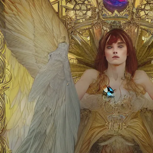 Image similar to hyperrealistic detailed of a macabre seraphim layers of fear in the space and stars in style of biscg and mucha sharp focus 8 k