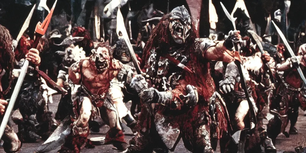 Image similar to A full color still from a Stanley Kubrick film featuring actors dressed as angry Orcs, waving swords, 35mm, 1970