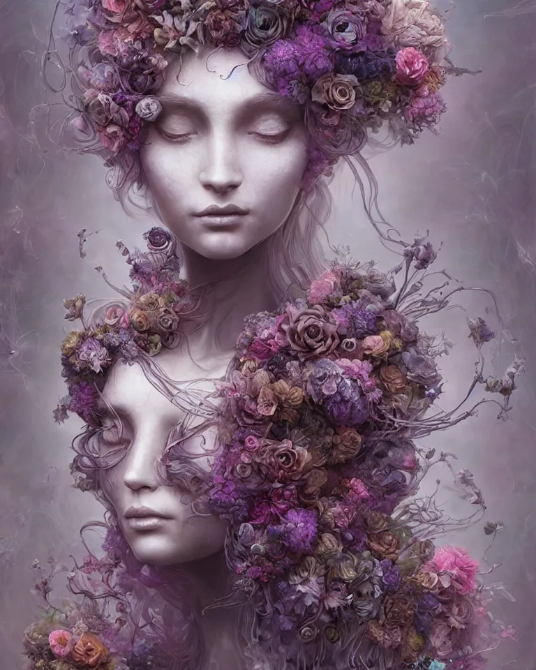 Image similar to a sculpture of interlaced gorgeous etherial females, made of mist, made of flowers, a digital painting, Andrew Ferez, Charlie Bowater, Marco Mazzoni, Seb McKinnon, Ryohei Hase, Alberto Seveso, Kim Keever, trending on cgsociety, featured on zbrush central, new sculpture, mystical