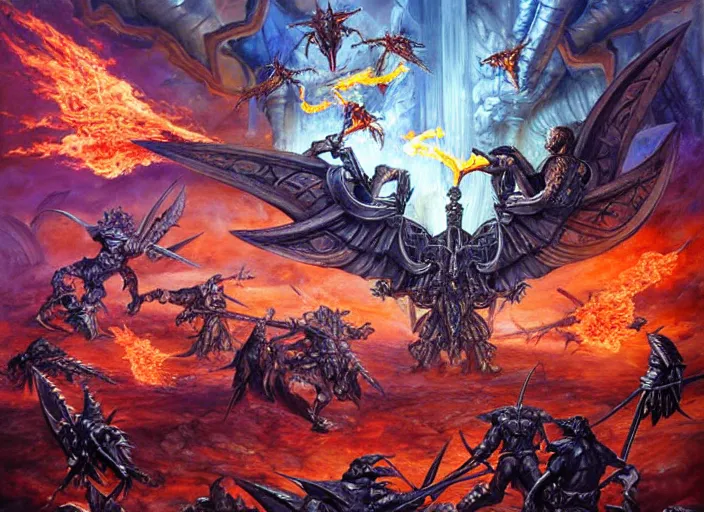 Prompt: dynamic futuristic bibilical depiction battle scene of aggressive winged silver warriors with fire crowns against final boss, d & d, muscular! crossfit, fitness, tight wrinkled cloath, vivid color scheme, atmospheric perspective, fantasy, intricate, elegant, highly detailed, digital painting, smooth, sharp focus, art by ed emshwiller and jesper ejsing