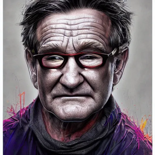 Prompt: a Demon Slayer portrait of Robin Williams, tall, pale-skinned, slender with lime green eyes and long eyelashes by Stanley Artgerm, Tom Bagshaw, Arthur Adams, Carne Griffiths, trending on Deviant Art, street art, face enhance, chillwave, maximalist, full of color, glittering