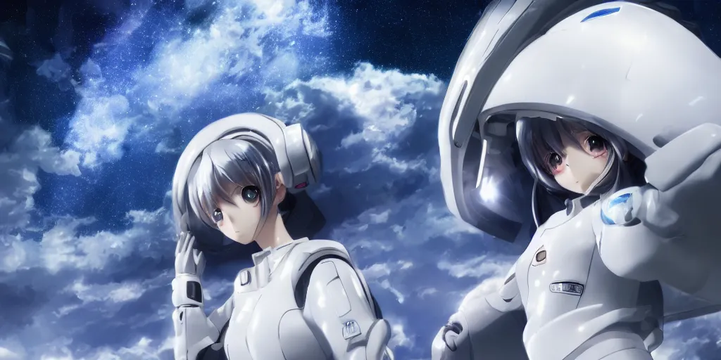 Image similar to High resolution photo of an anime girl in a white futuristic spacesuit in awe at the beauty of the universe, 4k/8k, Cinematic Movie Photograph, Cinematic Lighting, Artstation, space, galaxy, stars, vivid colours