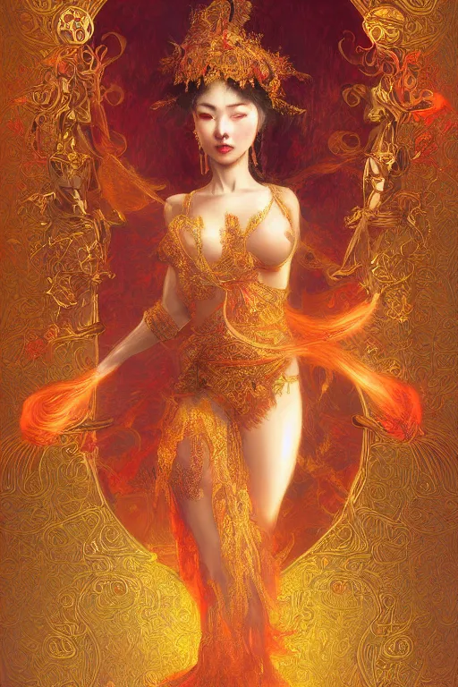 Image similar to tarot card artstation, portrait of an asian love dancer, sunrise, baroque ornamnet and rococo ornament, ancient chinese ornate, hyperdetailed, beautiful lighting, craig mullins, mucha, klimt, yoshitaka amano, red and gold and orange color palatte