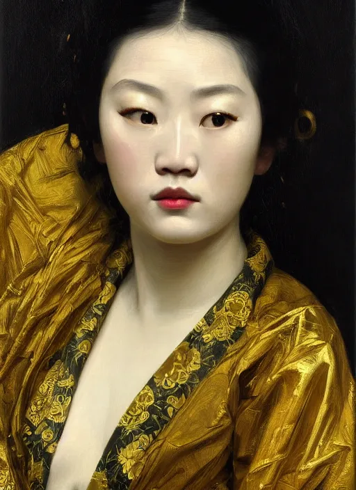 Prompt: highly detailed oil painting | very intricate | cinematic lighting | black, white and gold color scheme, dark background | asian woman in kimono | by roberto ferri, by gustav moreau, by singer sargent and klimt, american romanticism, occult art | by austin osman spare, artstation, cgsociety, official art, octane