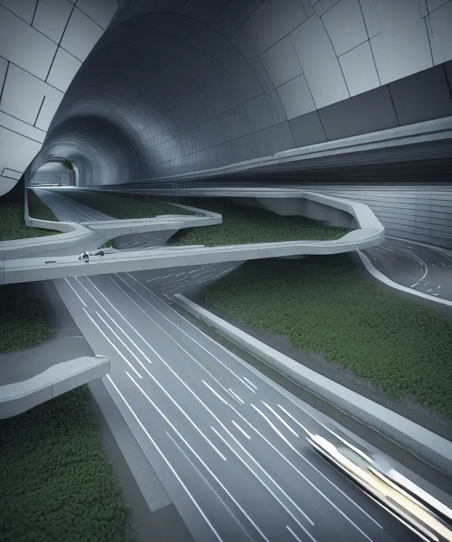 Image similar to ralph mcquarrie and denis villeneuve establishing shot of modern bjarke ingels condo building and gotthard tunnel entrance combined, roads tunnel under bjarke ingels condo building, lush scenery, scifi artstation digital concept art, unreal engine, hyper realism, realistic shading, cinematic composition, blender render, octane render, wide shot