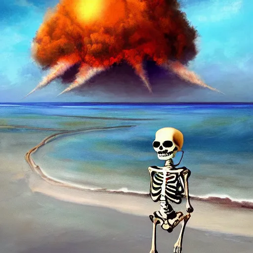 Prompt: Beautiful digital painting portrait of relaxed skeleton walking on the tropical beach with nuclear bomb explosion in the background nuclear bomb explosion in the background, by James Gurney, high quality, trending on Artstation, realistic, tropical color scheme, anatomically correct skeleton, high coherence, clear blue sky