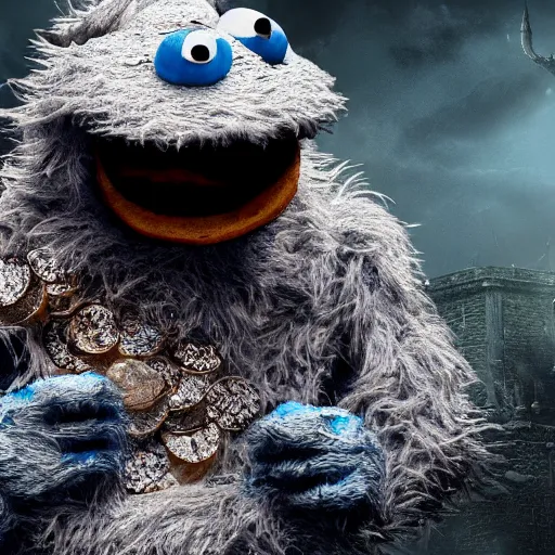 Image similar to portrait of cookie monster as a dark souls boss, 8 k