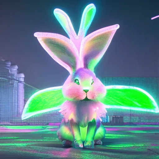 Image similar to neon fluorescent, iridescent cute bunny rabbits with fairy wings cyperpunk 2 0 7 7, unreal engine 5, 8 k ultra realistic, hyperdetailed, volumetric lighting, extremely high quality