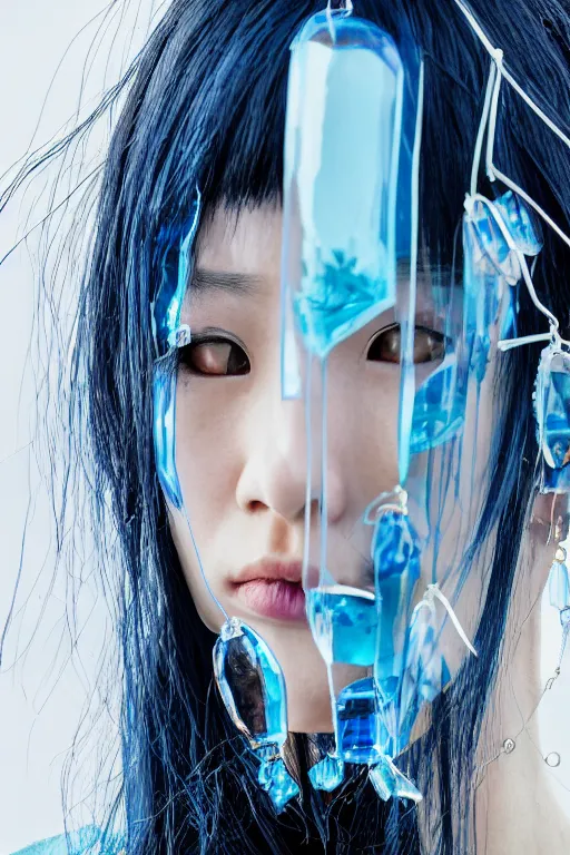 Prompt: a close - up full shot of a cyberpunk japanese woman with cold blue eyes and pretty face wearing lots of transparent and cellophane accessories, huge earrings, blue hour, cool, cold, crisp, by mayumi hosokura