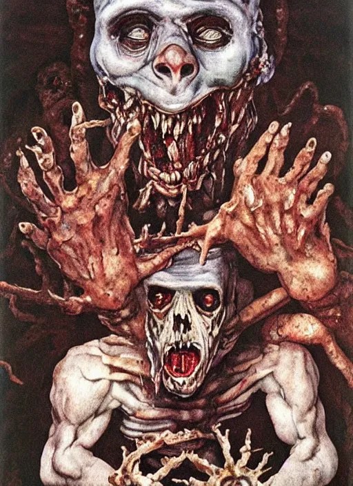 Image similar to Michelangelo painting of a disgusting vile zombie monster eating a man, cult horror, kitchen inspired by The Thing, by Cronenberg and greg nicotero