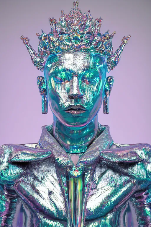 Prompt: hyper detailed ultra sharp portrait of baroque and bladerunner delicate neon diamond sculpture of seductive muscular albino young king, diamond pink sphinx iridescent humanoid deity wearing metallic hoody made out of hands holding the sun prismatic dungeon, glowing blue face, crown of white diamonds, cinematic lighting, photorealistic, octane render 8 k depth of field 3 d