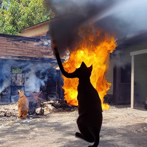 Image similar to a cat holding a flamethrower next to a burning house