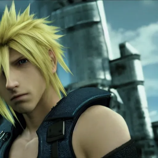 Image similar to Final Fantasy 7 pre-rendered cutscene starring Jesse Eisenberg as Cloud Strife